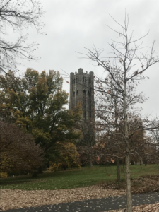 A picture of Swarthmore College’s Clothier Tower in Fall.