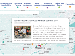 A screenshot of the Project Map featuring the South Street Headhouse District: Edit the City project description over a map of the United States with other colorful dots.