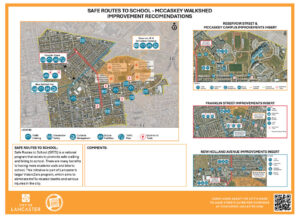 Board with a map of Northeast Lancaster City (PA) with improvement recommendations for Safer Routes from and to the four Schools in the McCaskey Campus.  