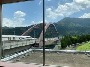 A maglev train about to cross a bridge
